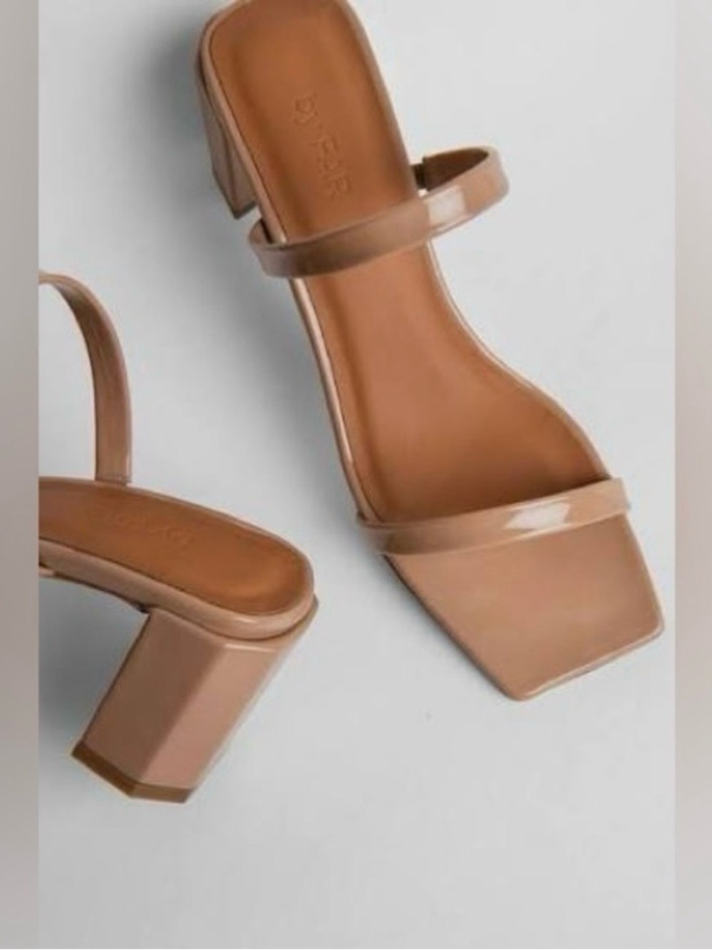 By Far Tanya Square Toe Block Heel Sandals in Nude